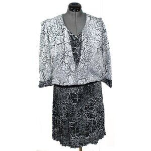 VINTAGE JOHN ROBERTS Sz 8 Black White Drop Waist Dress Maxi Party Pleated 80s